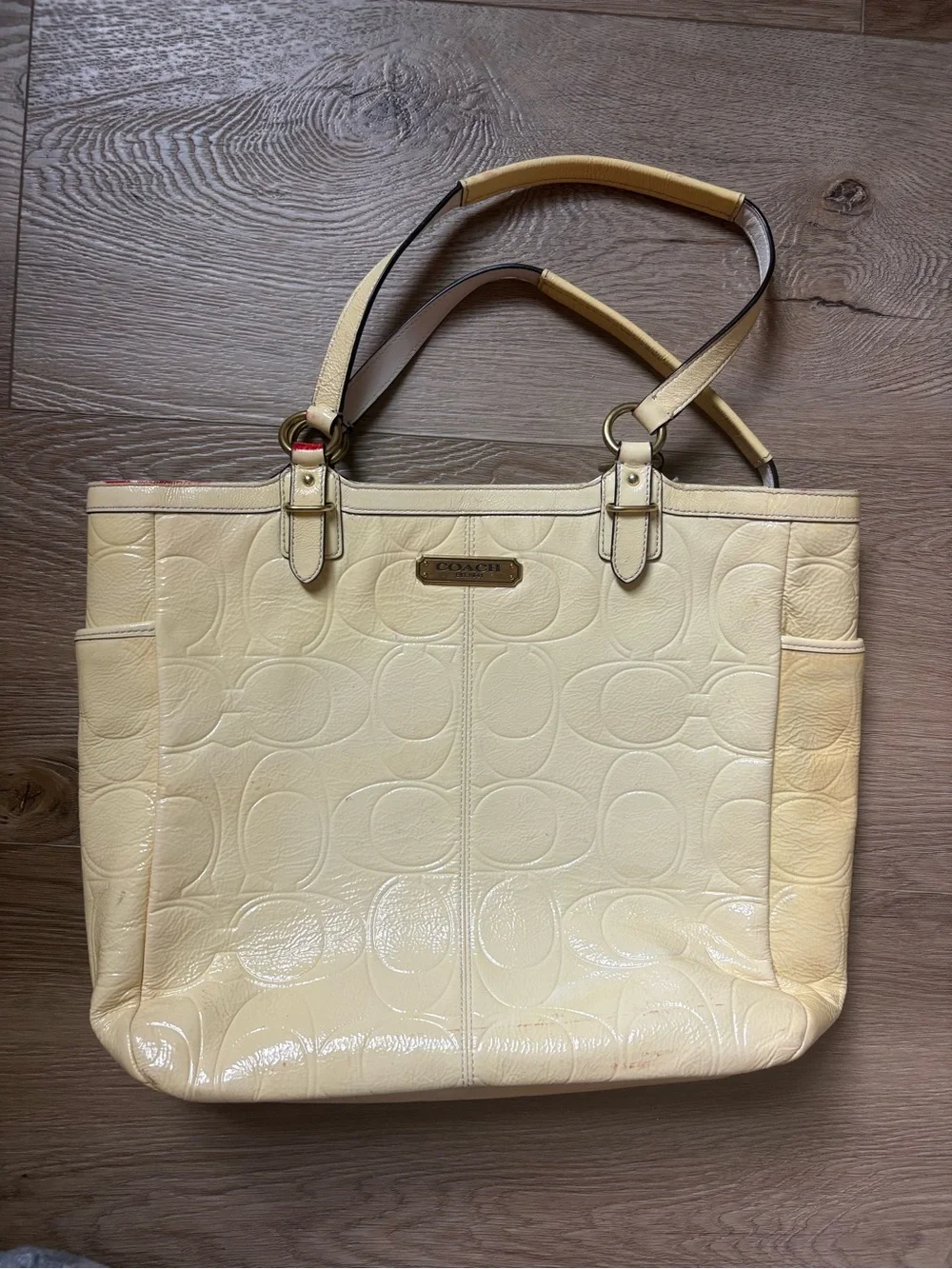 Coach Pale Yellow Patent Leather Signature Tote